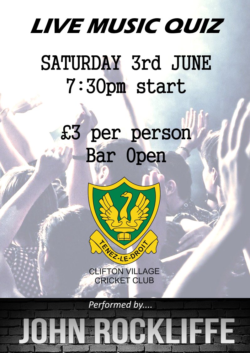 We have a music quiz performed live by <a href="/RockliffeJohn/">John Rockliffe</a> this Saturday up at the club pavilion bar! 
All details here: facebook.com/events/1928431…