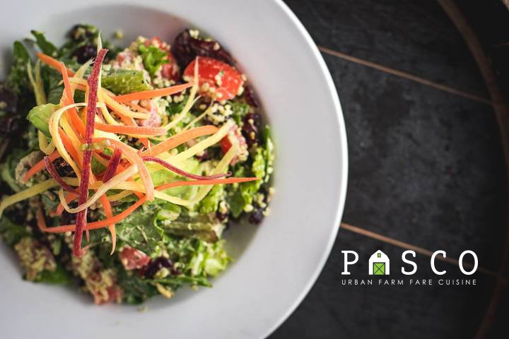Our Quinoa Farmers Market salad has sunflower seeds, tomato, &amp; carrots. Topped w/ cranberries and avocado, &amp; a pesto buttermilk dressing.