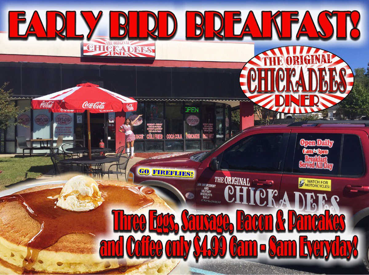 ChickadeesDiner's tweet photo. Starting TOMORROW! Early bird breakfast from 6-8 am. $4.99 gets you 3 Eggs, Sausage, Bacon, Pancakes AND Coffee! Share with friends. https://t.co/D8sGNdgzuZ