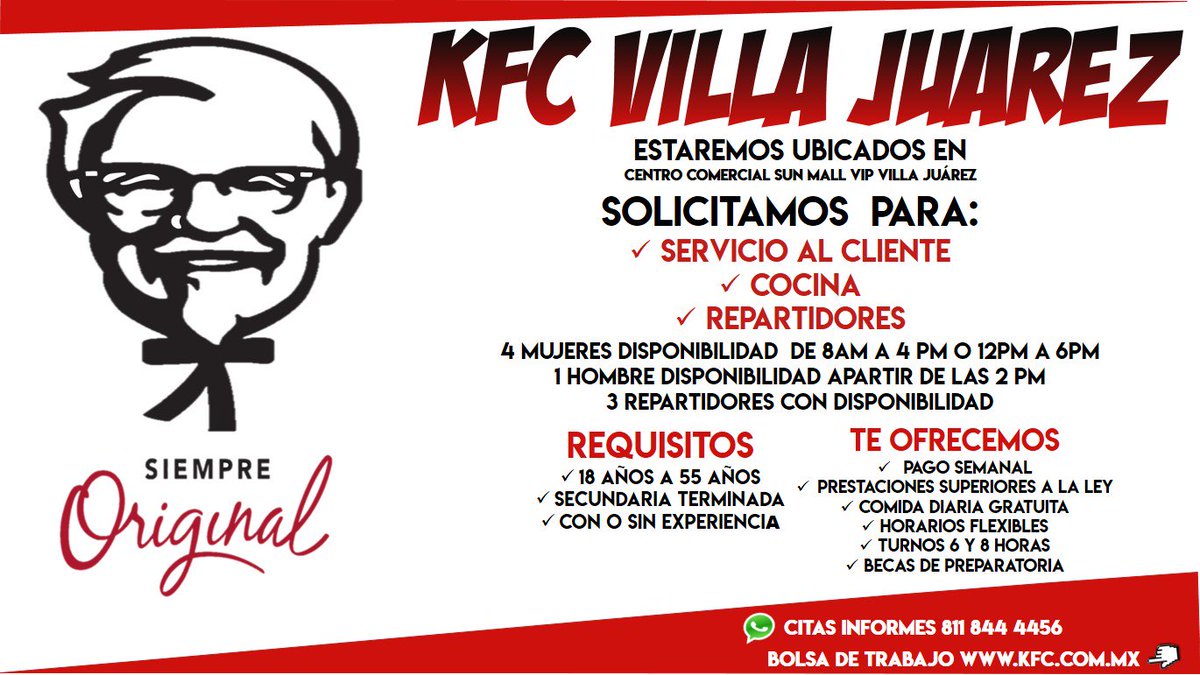 تويتر \ Empleo KFC Monterrey على تويتر: "KFC VILLA JUAREZ ( Centro Comercial Sun Mall VIP Vila Juarez) SOLICITAMOS AYUDANTE DE RESTAURANTE MANDANOS WHATS APP 811 844 4456 https://t.co/s20pEiL746"