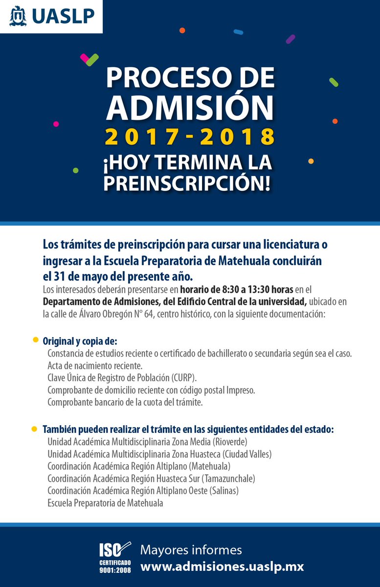 LaUASLP's tweet photo. ¡Último día! Recuerda que hoy termina el trámite de preinscripción. #AdmisionUASLP https://t.co/PlzSHqmSMu