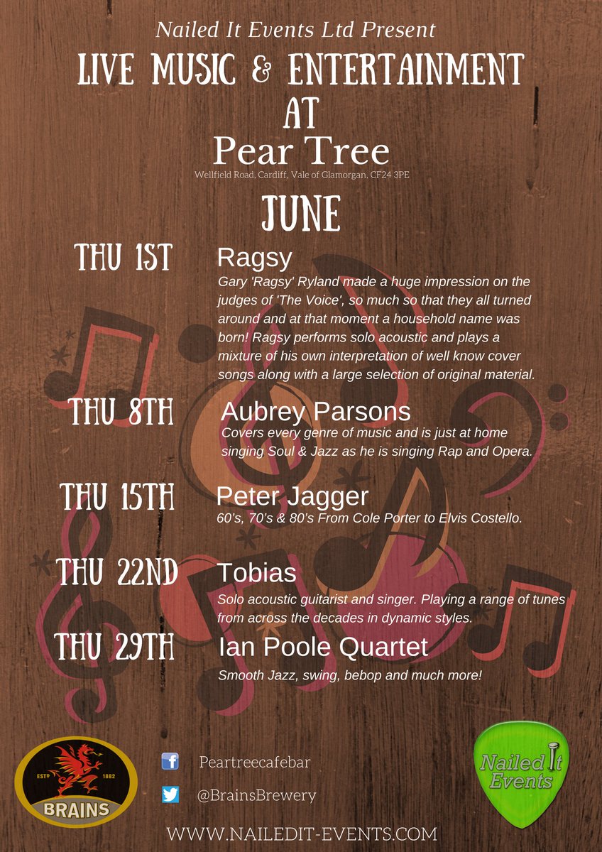 Naileditevents's tweet photo. Get down to Pear Tree Cafe Bar throughout June and see great live music @brainsbrewery @Naileditevents #livemusic https://t.co/OXdveRjAv0