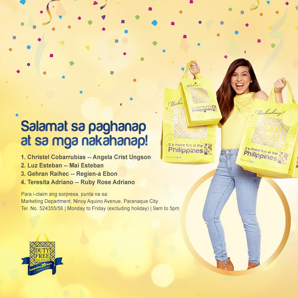 dutyfreephils's tweet photo. Maraming salamat sa mga nakihanap! Tutok lang dahil tuloy ang saya! https://t.co/iHCK0598UD . #DFP30 #DutyFreeMaineEvent #ALDUBfeelslikehome https://t.co/JBNNxWtUHZ
