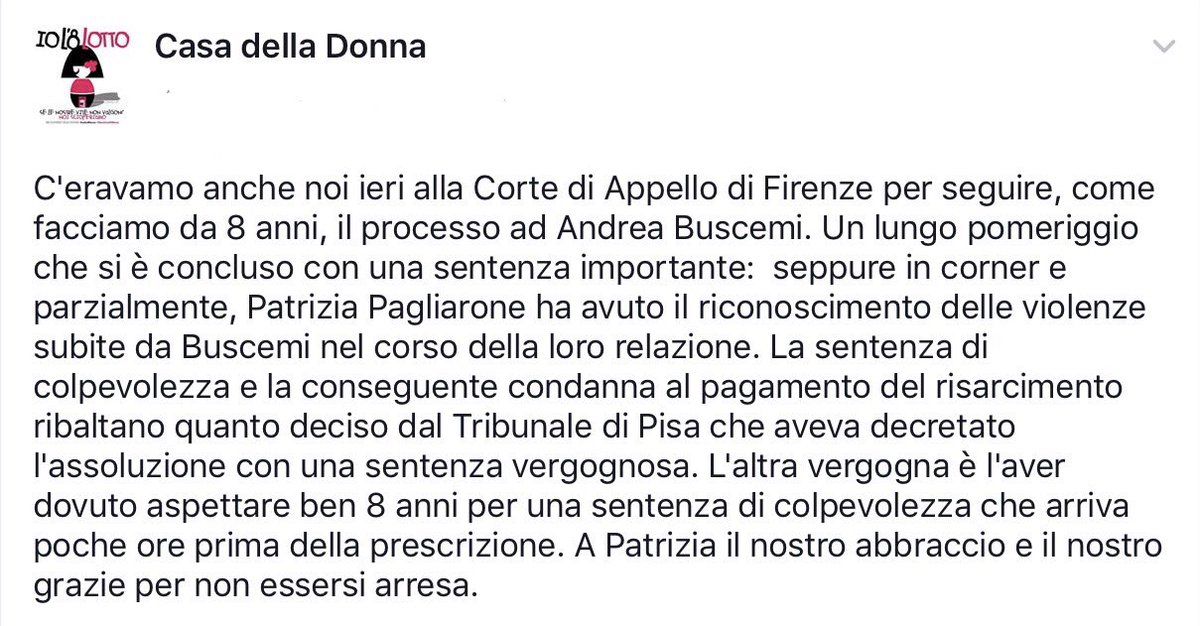 Casa_donna_Pisa's tweet photo. A Firenze ieri un'altra importante sentenza, seppure parziale e a poche ore dalla prescrizione: la condanna di #AndreaBuscemi per #stalking https://t.co/lmDeJBFLvU