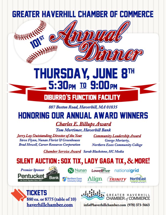 GrHavChamber's tweet photo. Our Annual Dinner is NEXT Friday. Come celebrate with the award winners! E-mail Info@haverhillchamber.com for tickets. https://t.co/OcWBmHZCgl