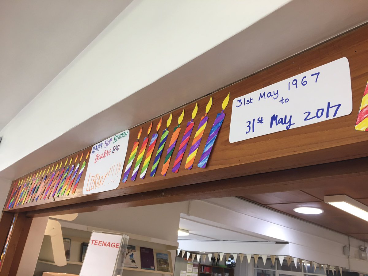 Friends_BEL's tweet photo. Happy Birthday to Bourne End Library, 50 today! Loving the candles decorated by our junior members - just add cake! #BourneEndLibrary50 https://t.co/BB38FM8Kk5