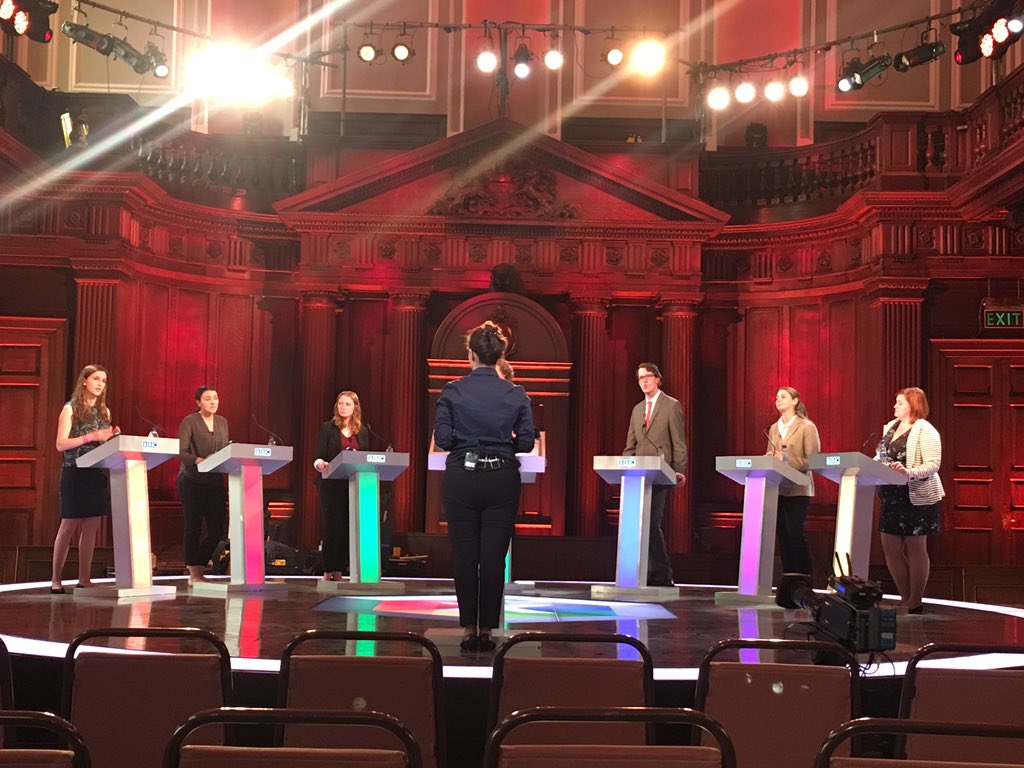 Cambridge_Uni's tweet photo. Some of our students from @CamPubPol standing in for the leaders at rehearsal for #bbcdebate this afternoon with @MishalHusainBBC https://t.co/PJS9nA66Xg
