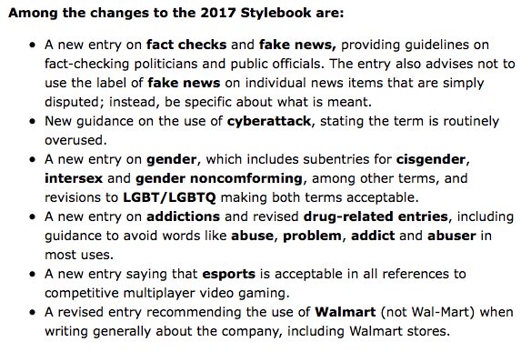 MGDowding's tweet photo. The 2017 @APStylebook debuts today. All of you #CM707 and #CM331 survivors - check out the last bullet. #Ruined #Walmart??  #Hyphen4Eva https://t.co/OQITRpZbdc