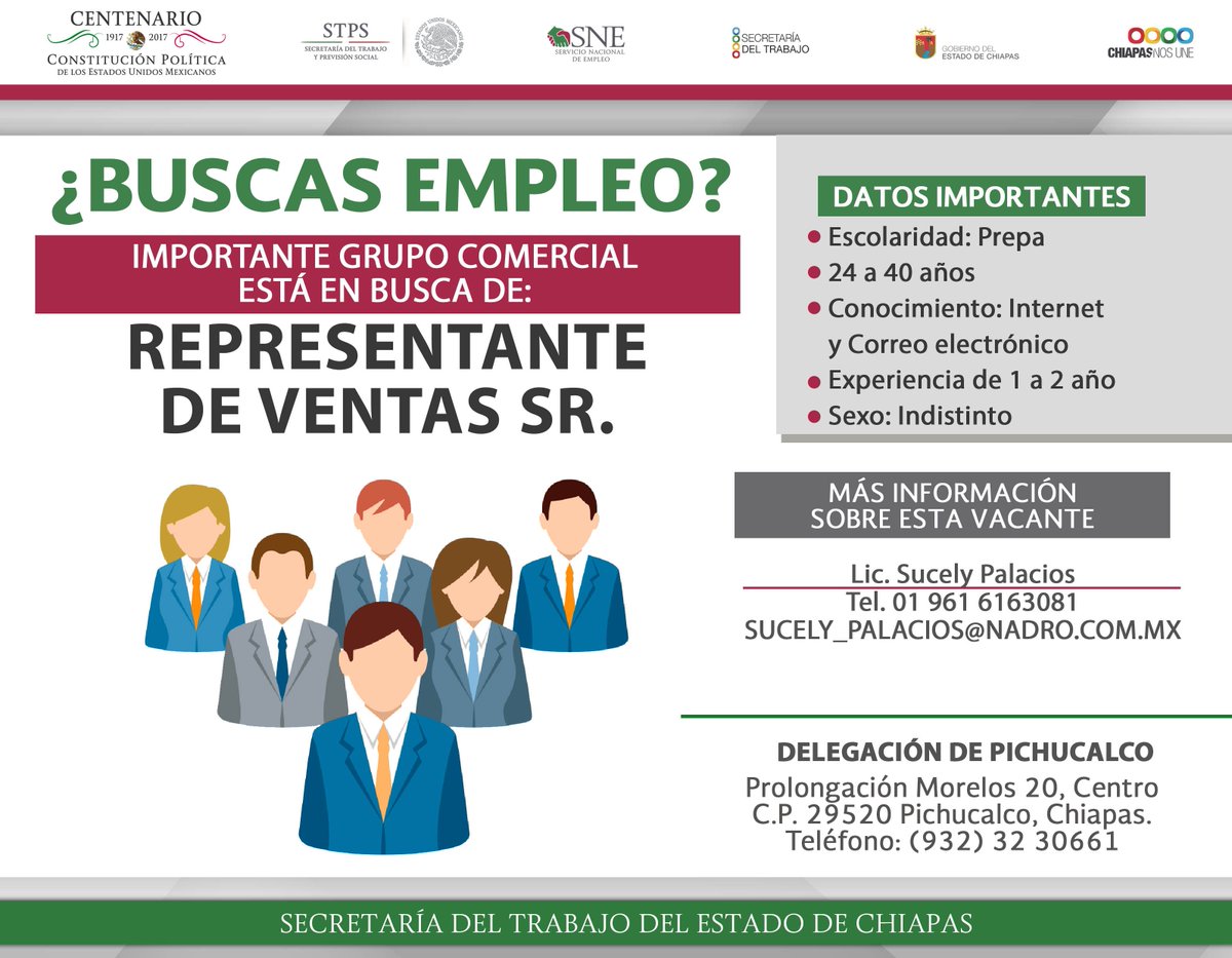 SNEChiapas's tweet photo. Importante grupo Comercial solicita #RepresentanteDeVentas para mayor información asiste a nuestra delegación en #Pichucalco.

@STChiapas https://t.co/Tx3OniOHxB