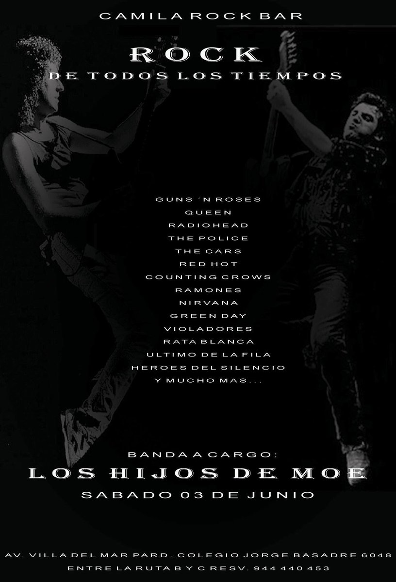 Sábado 03 de junio.
Rock de todos los tiempos.
A cargo de Los hijos de moe.