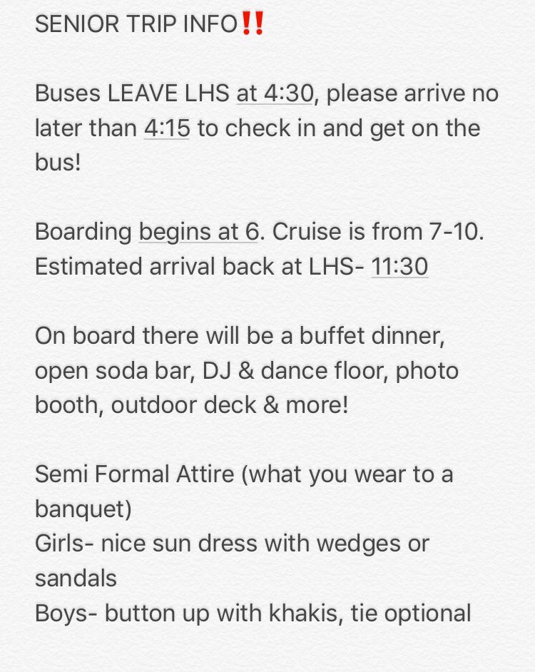 LHSClassOf2017's tweet photo. Additional SENIOR TRIP details https://t.co/75tqFNuD7h
