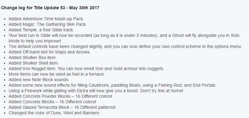 Console_MCNews's tweet photo. Here's the Changelog for the latest #MinecraftConsole update that has now released on all stores! Enjoy! :D https://t.co/Tp84HcadVg