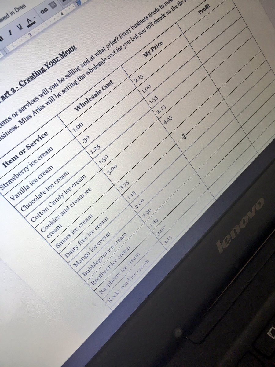 ArissClass's tweet photo. My business is ice cream!I need to calculate my profit &amp; I learned my price has to be higher than my cost. #prescottpsd70 #psd70 #mathchat https://t.co/JTl5mO2i4j
