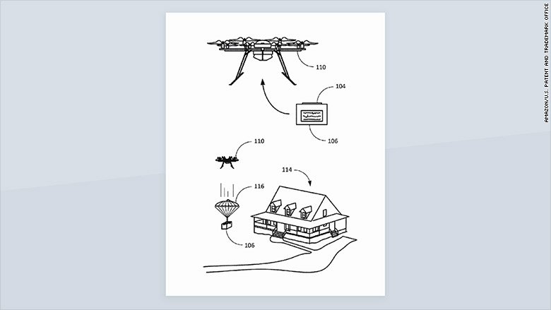 CNN's tweet photo. Amazon has been granted a patent for a shipping label with a built-in parachute, designed for drone deliveries https://t.co/HeyXXYwV26 https://t.co/nrWUs2hEGl