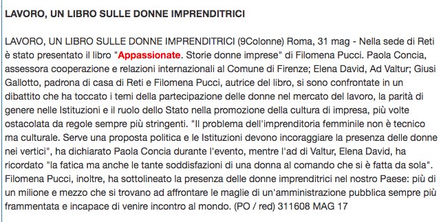 GalassiaReti's tweet photo. #LibriInReti, su 9colonne la notizia della presentazione di ieri di @appassionate_eu, "un libro sulle donne imprenditrici". https://t.co/w03HIWLakd