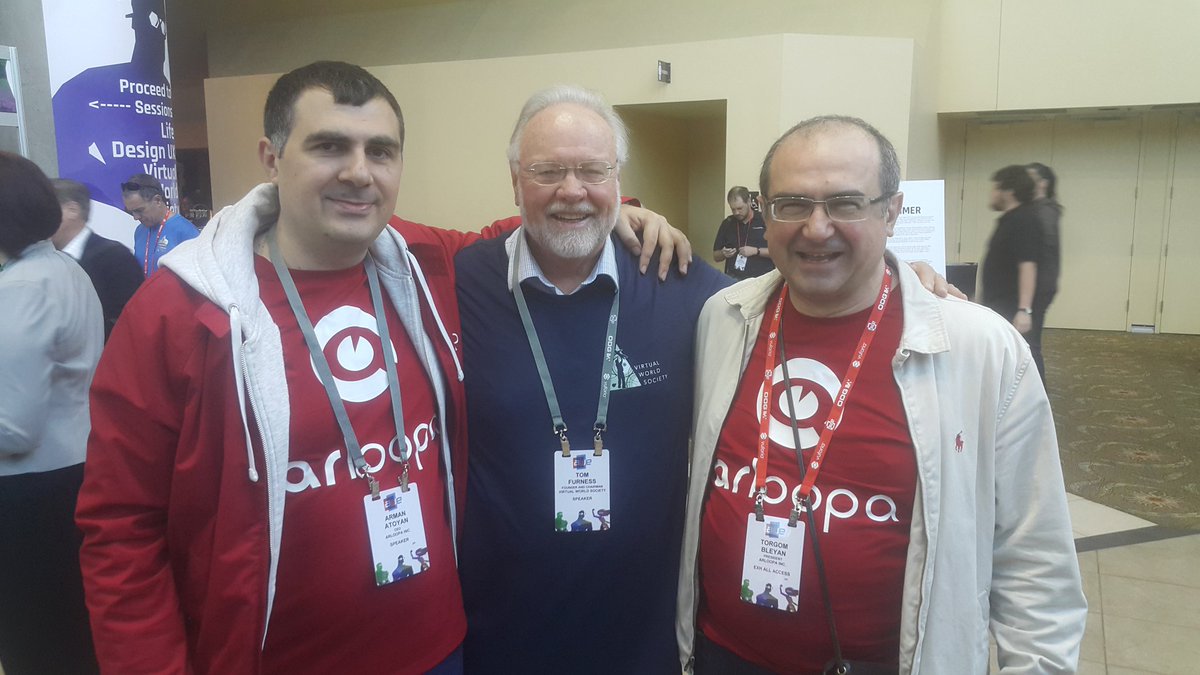 ARMANATOYAN's tweet photo. Positive start of day, @arloopa team met  grandfather of #AR Tom Furness at @ARealityEvent #AWE2017 #AR #ARLOOPA #AugmentedReality #Stand200 https://t.co/uvEAPnvrEf