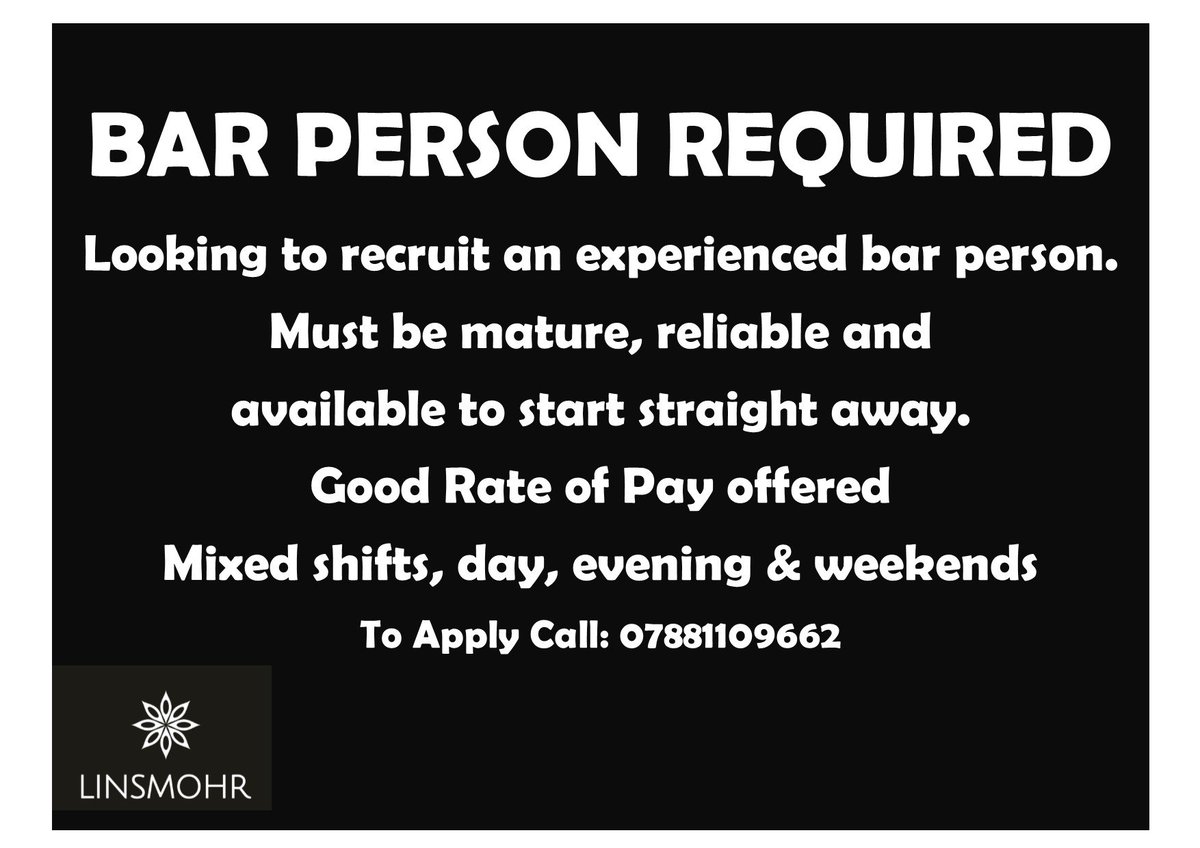 #barpersonrequired #linsmohr #pitmedden #hiringnow #experiencedbarstaff #greatplacetowork #workaberdeenshire #barworkaberdeenshire