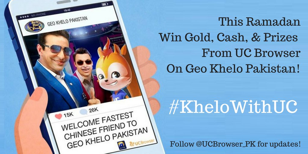 UCBrowser_PK's tweet photo. This Ramadan, we come bearing big gifts! Play and win Cash, Gold, prizes in Geo Khelo Pakistan! @wasimakramlive @shoaib100mph
#KheloWithUC https://t.co/epsJTkpjOZ