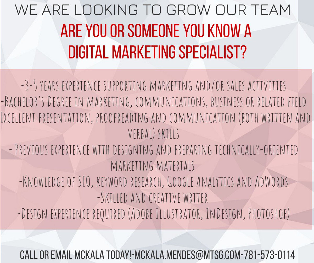 MTSGStaffing's tweet photo. We are now #hiring a #DigitalMarketingSpecialist!
Do you think you have what it takes? #Marketing #CallUsToday #MTSG #boston #JoinOurTeam https://t.co/DHyV3Lg6j5