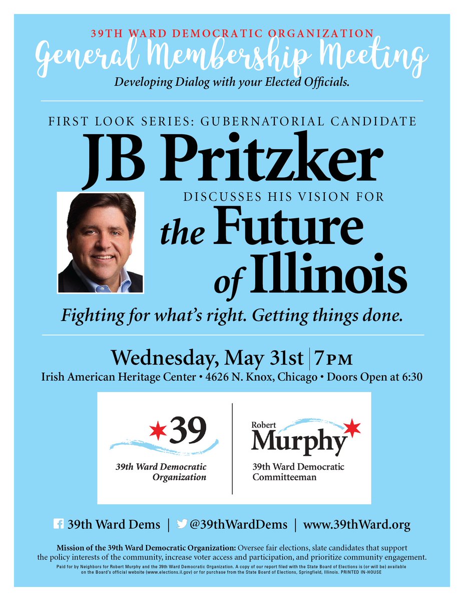 Join us tonight for our #FirstLook series and <a href="/JBPritzker/">JB Pritzker</a> at the <a href="/iahcchicago/">iahcchicago (Irish American Heritage Center)</a> facebook.com/events/1081425…