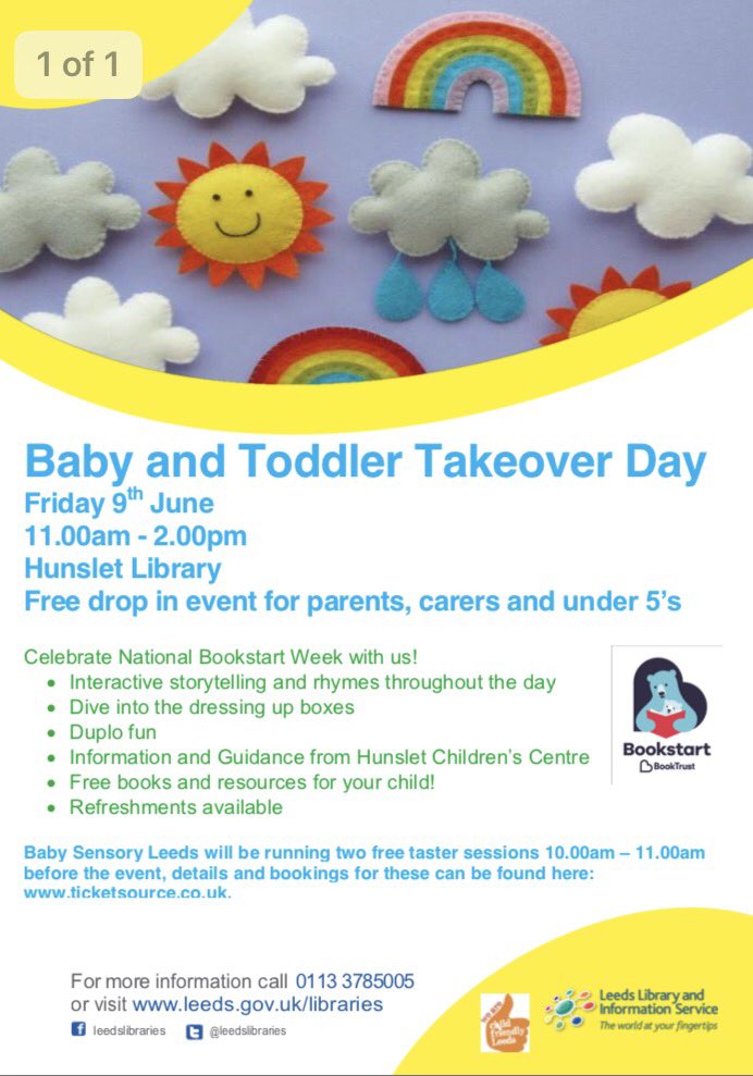 Rachel_Benn_'s tweet image. 9 days to go until our #Baby and #Toddler day at #HunsletLibrary 👶 📖🍼 @BabySensoryHQ will be here, free resources and more! 🙌🏽#spreadtheword