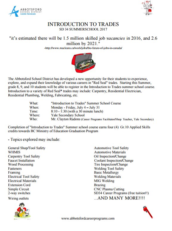 "Introduction to Trades" is at Yale Sec. this summer for Gr 8s &amp; 9s!  See your Counsellor or summerschool.sd34.bc.ca/secondary/regi… @RHSS_34 <a href="/YaleCareers/">Yale Career Programs</a>