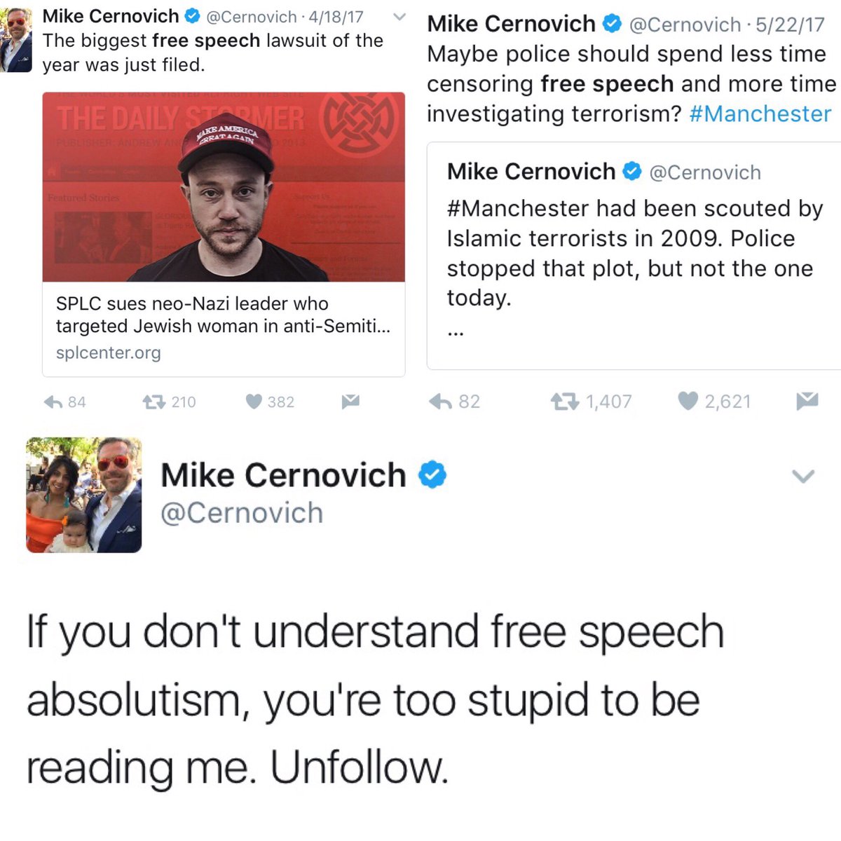 NYCAntifa's tweet photo. "Free speech absolutist" Weird Mike @Cernovich, famous for saying that everyone he doesn't like is a pedo, defending Nazi Andrew Anglin https://t.co/D9kqg08Dpg