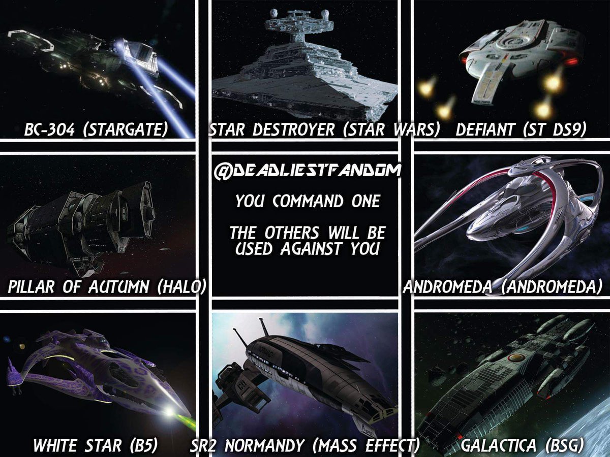 DeadliestFandom's tweet photo. Which do you choose & why?
#DeadliestFandom
#Stargate #StarWars #StarTrek #Babylon5 #BattlestarGalactica #Andromeda #Halo #MassEffect https://t.co/CGR0Qlaarq