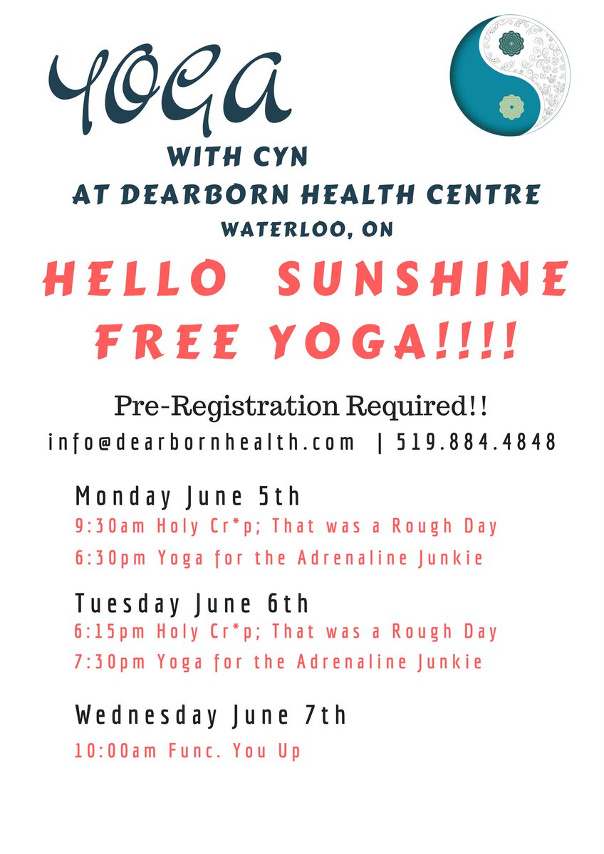 DearbornHealth's tweet image. Yoga with Cyn is offering FREE yoga next week! Spots are limited! To reserve your spot call 519-884-4848 today! #realperformance