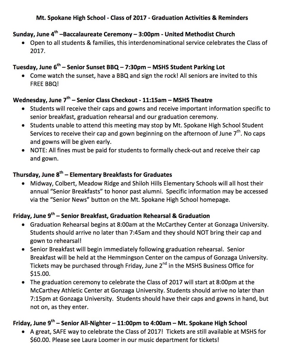 MtSpokaneHS's tweet photo. Hey @MtSpoClassof17!  Here is your Senior Checklist of activities leading up to Graduation on June 9th!  BE THERE! #GoCats https://t.co/wstsZrlV5p