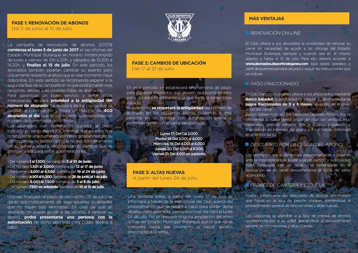 CDLeganes's tweet photo. CAMPAÑA DE ABONOS 2017/18 I  Todos los detalles: precios, plazos, renovaciones... La semana que viene empezamos 💪💪💪 https://t.co/3LPVleGwxY https://t.co/eviCiXDr6Z
