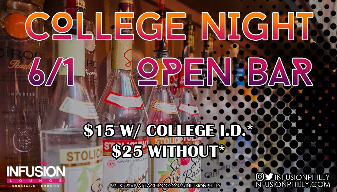 InfusionPhilly's tweet photo. Sip Sip, Hooray!! Come start your weekend early this Thursday night 6/1 at Infusion Lounge! Open bar 10pm-12am! 
#InfusionLounge #OpenBar https://t.co/RURp3tRieo