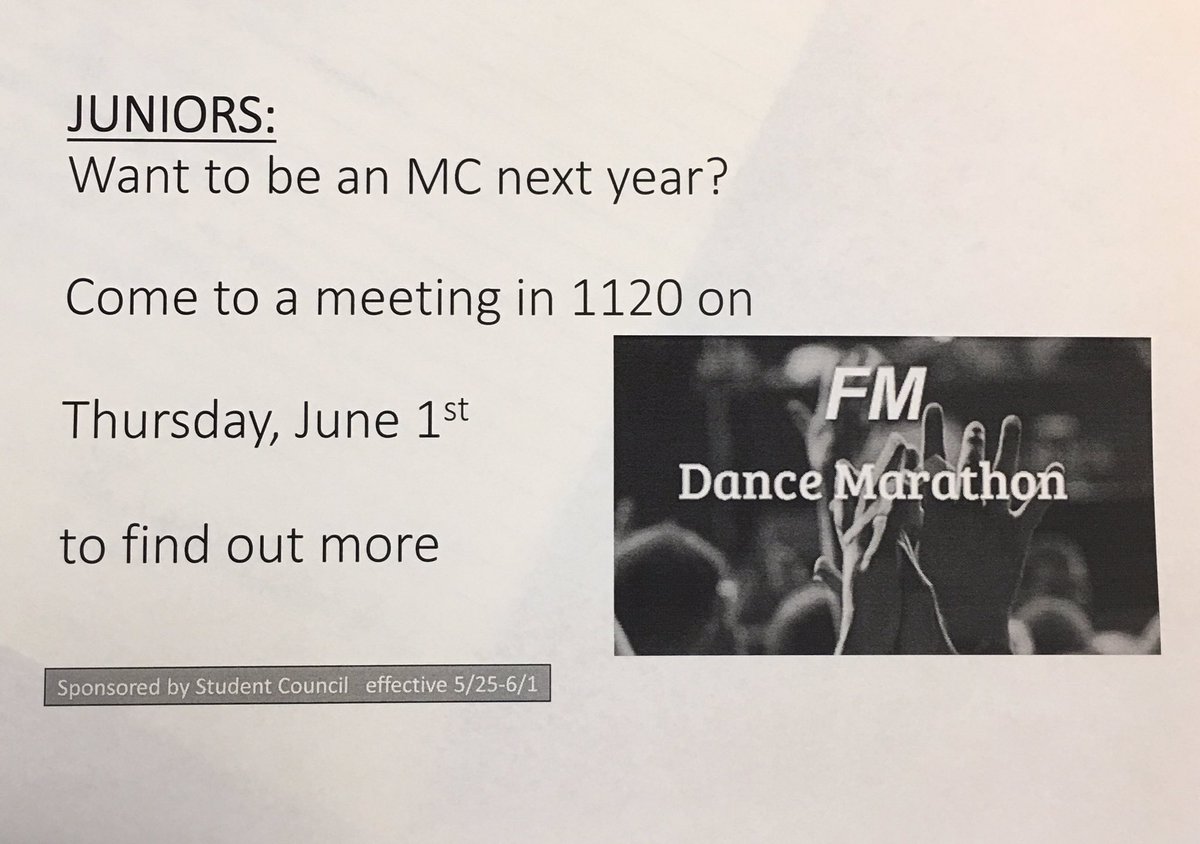 DMisFTK's tweet image. ATTENTION JUNIORS: Potential MC meeting tomorrow after school in 1120! Stop by if you are even the slightest bit interested!!!