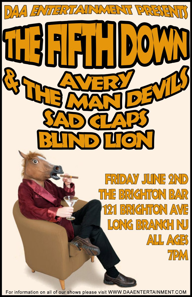 DAA_Concerts's tweet photo. Friday at The Brighton Bar @FifthDownBand Avery &amp; The Man Devils @BlindLionNJ Sad Claps
All info: https://t.co/Qh2JbiZLYQ https://t.co/l4QYMqb2cd