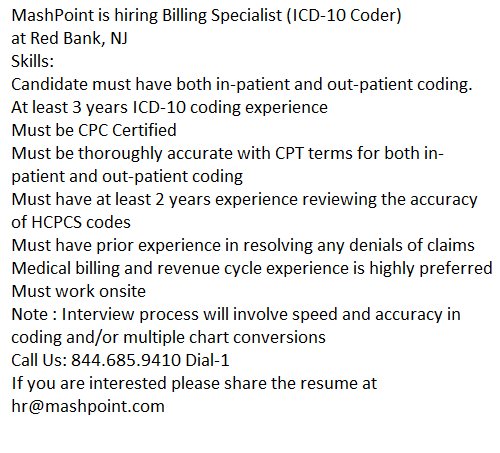twitjobalerts's tweet image. MashPoint is hiring Billing Specialist (ICD-10 Coder) at Red Bank, NJ