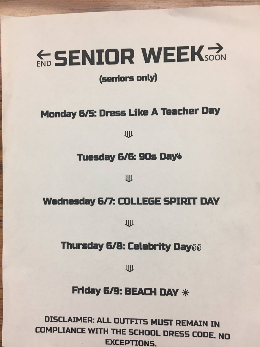 NHClassOf2017's tweet photo. Senior week starts on Monday, June 5th!! Seniors be sure to dress up for each day for our last full week of high school! https://t.co/Eo8vIB1PVy