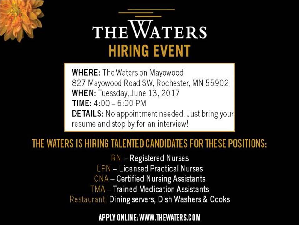 TheWatersMN's tweet photo. Rochester area: looking for a change of scenery in your career? Join us on Tues, June 13 from 4-6 PM for a hiring event to learn more. https://t.co/WuP8b8GXXa
