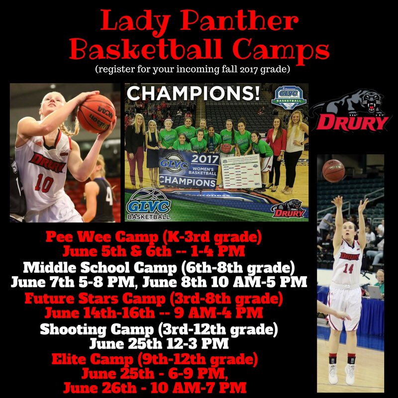 Time is running out as our 1st camp of the summer starts MONDAY! Go to drurywomensbasketballcamps.com to register online or mail in registration!