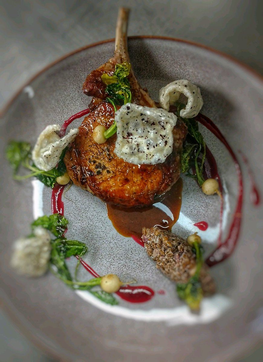 Berkshire pork chop served with wheat berries scented with pork fat, baby turnip, cherry-vanilla jam finished with a five spice jus lacquer.