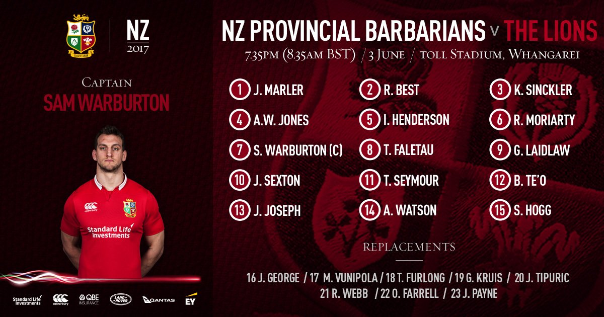 ospreys's tweet photo. Here's the #LionsNZ2017 line-up for their opening game of the tour on Saturday #BARvBIL featuring @AlunWynJones Rhys Webb and Justin Tipuric https://t.co/G5LIGCWaKM