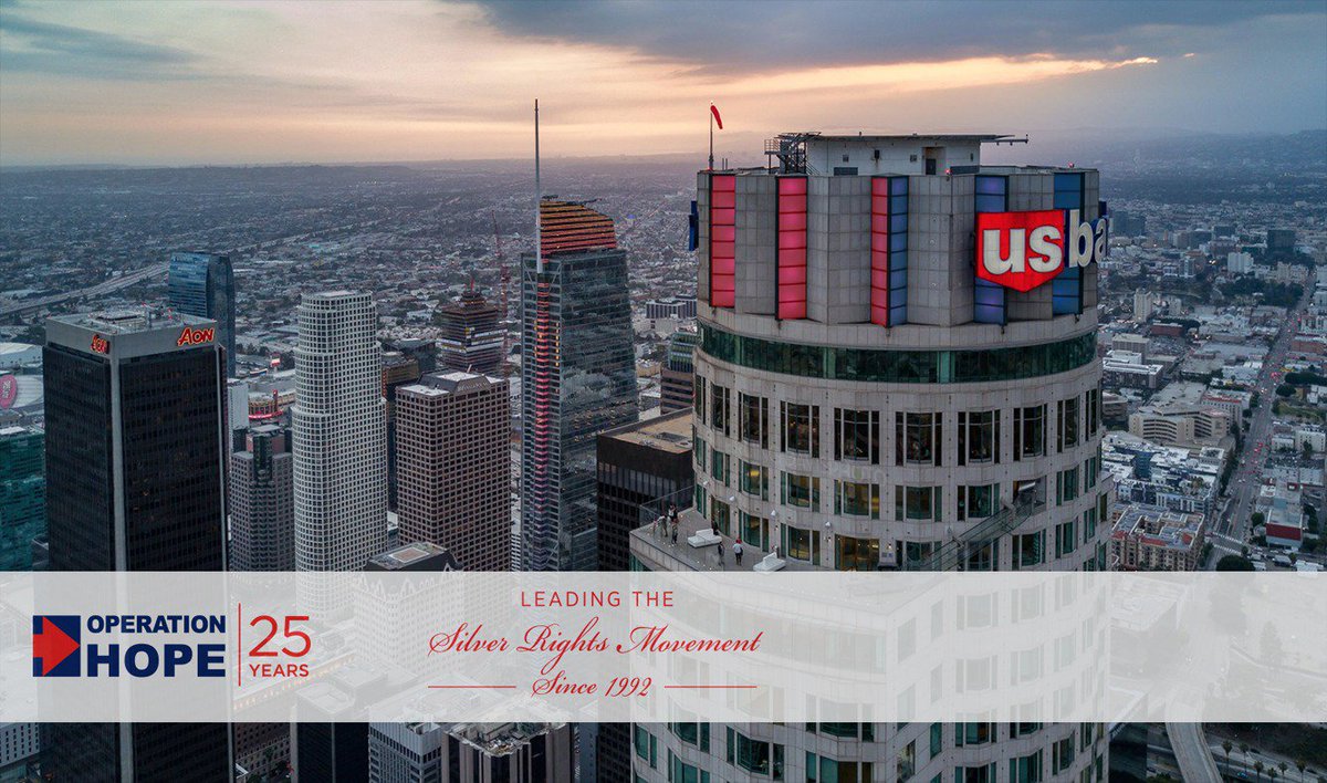 OperationHOPE's tweet photo. Tonight the 2nd-tallest building in #LosAngeles @USBankTower will shine in blue &amp; red in honor of Operation HOPE's 25th anniversary! #HOPE25 https://t.co/yFymo5toZB