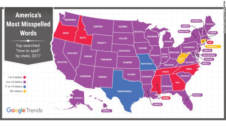 CNN's tweet photo. Google Trends just released the most misspelled word for every state in the US and ... Wisconsin, are you OK? https://t.co/9Zb2yv9ts6 https://t.co/exHM0FloNt