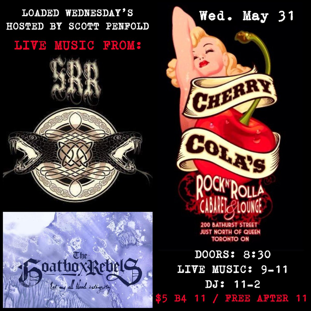 Loaded Wednesdays w/ <a href="/scottpenfold/">Scott Penfold</a> @ <a href="/Cherry_Colas/">Cherry Cola's</a> #Toronto - TONIGHT featuring <a href="/Snakerivermetal/">SnakeRiverRedemption</a> @TheGoatboxRebel

#Ontario #livemusic #RT