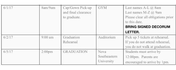 Cap and gown pick up is tomorrow, and graduation rehearsal will be held in the Everglades auditorium this Friday!