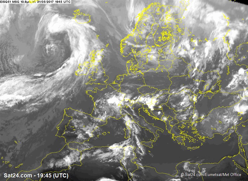 SatelliteEurope's tweet photo. Current satellite view over Europe at UTC 19:45 on Wed, 31 May 2017 https://t.co/iyRdxrIISs