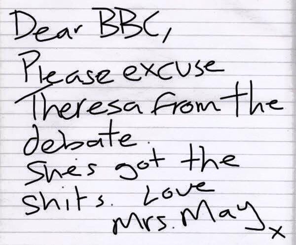fjkeogh's tweet image. #WeakandWobblyMay sent a note to the #BBCDebate
