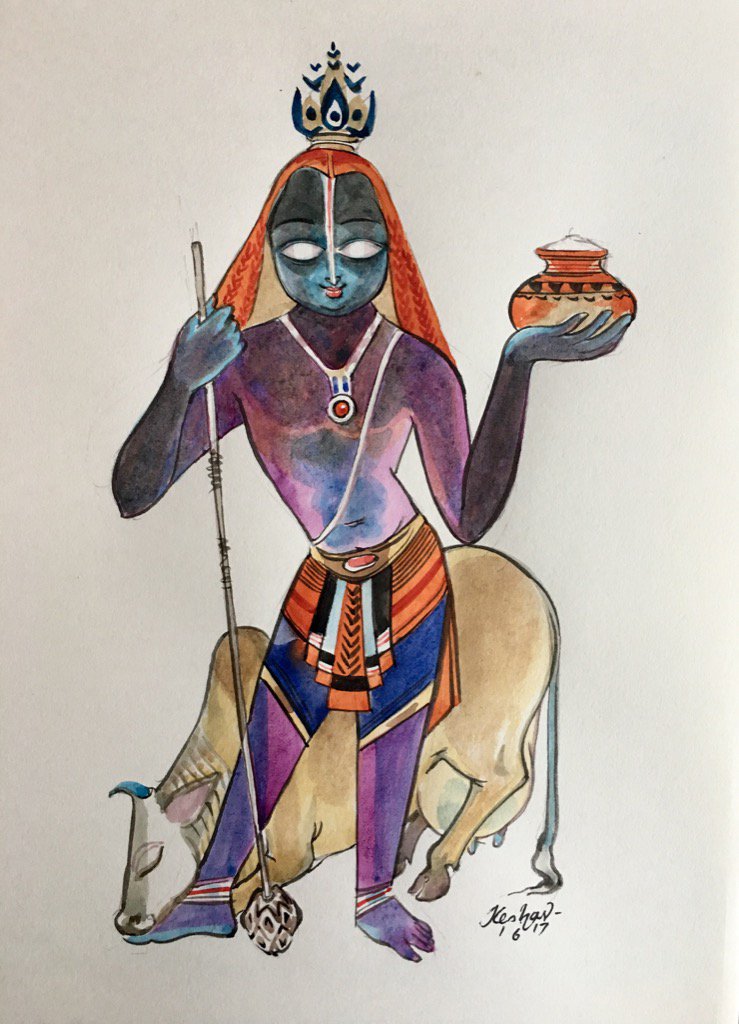 The churning: #watercolour #krishnaleela #krishnafortoday