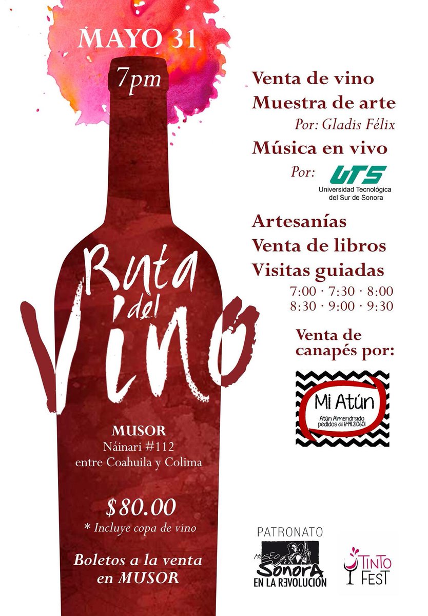 MusorSonora's tweet photo. Los esperamos hoy #RutadelVino 7pm en MUSOR, evento a beneficio del museo @SECSonora @ISCsonora @VisitSonora @VisitMex @TintoFest https://t.co/Ccbxmxjwzx