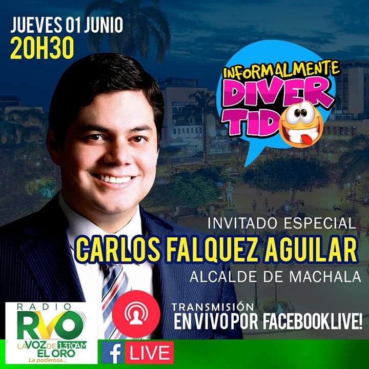 cesarpradojr's tweet photo. El alcalde de Machala @CarlosFalquezA  en 
INFORMALMENTE DIVERTIDO 
Jueves 1  junio 20h30 
Transmisión Facebook live https://t.co/cCd2QWTgg6 https://t.co/dH0ex4DuJs