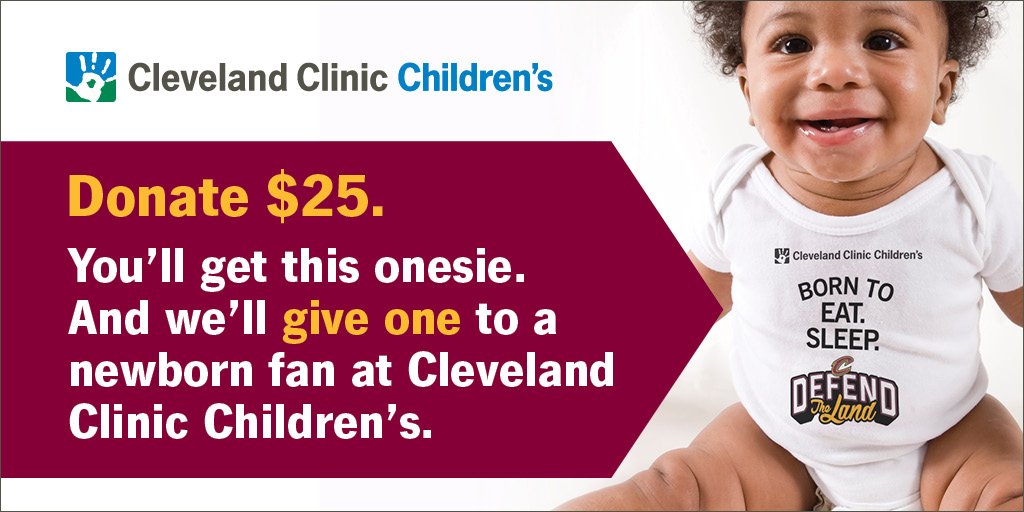 ClevelandClinic's tweet photo. During the #NBAFinals donate $25 to #CleClinicChildrens -- you get a onesie &amp; we'll give one to a newborn @cavs fan! https://t.co/8pqmwqviki https://t.co/GoawB7GPIJ